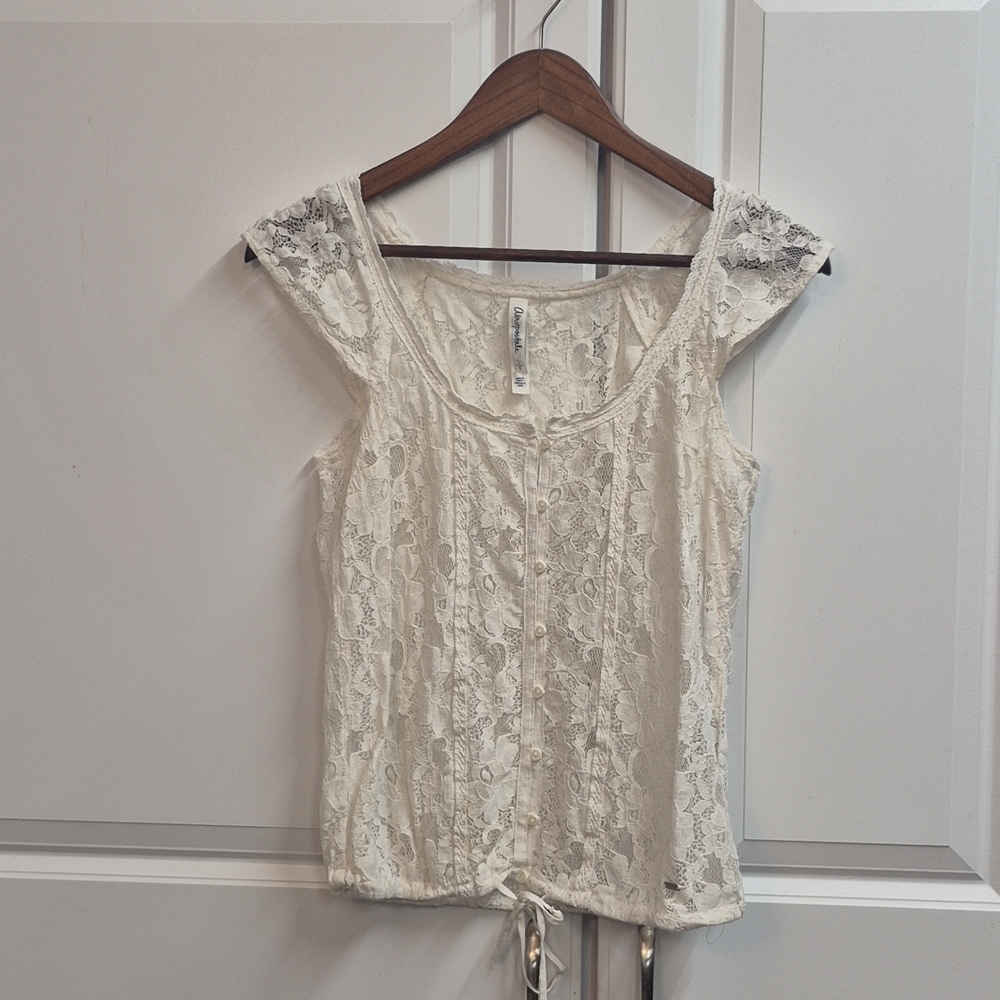 Aeropostale White Lace Top Cap Sleeves, Drawstring Hem, Coquette, Soft Girl